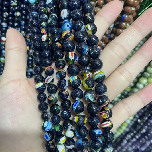 8mm 10mm Blue Gold Sandstone Round Bead