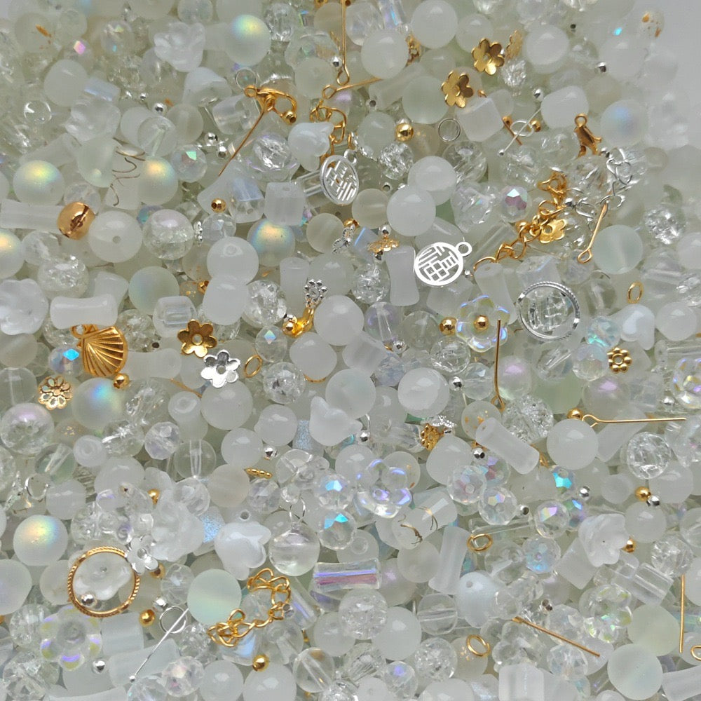 8&10mm Mixed - White Moonlight Glass Bead 100g